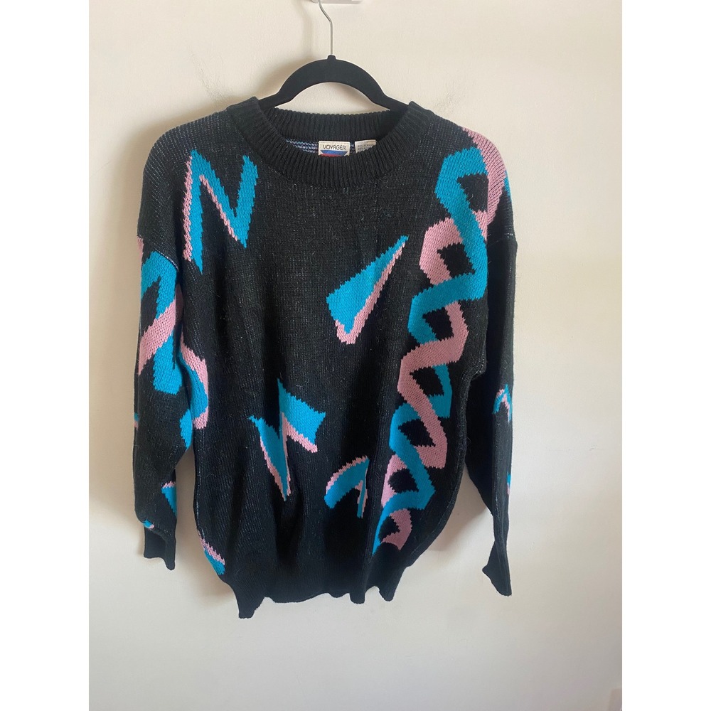 Voyager Vintage 80s Geometric Abstract Knit Sweater Black Teal Pink Womens M